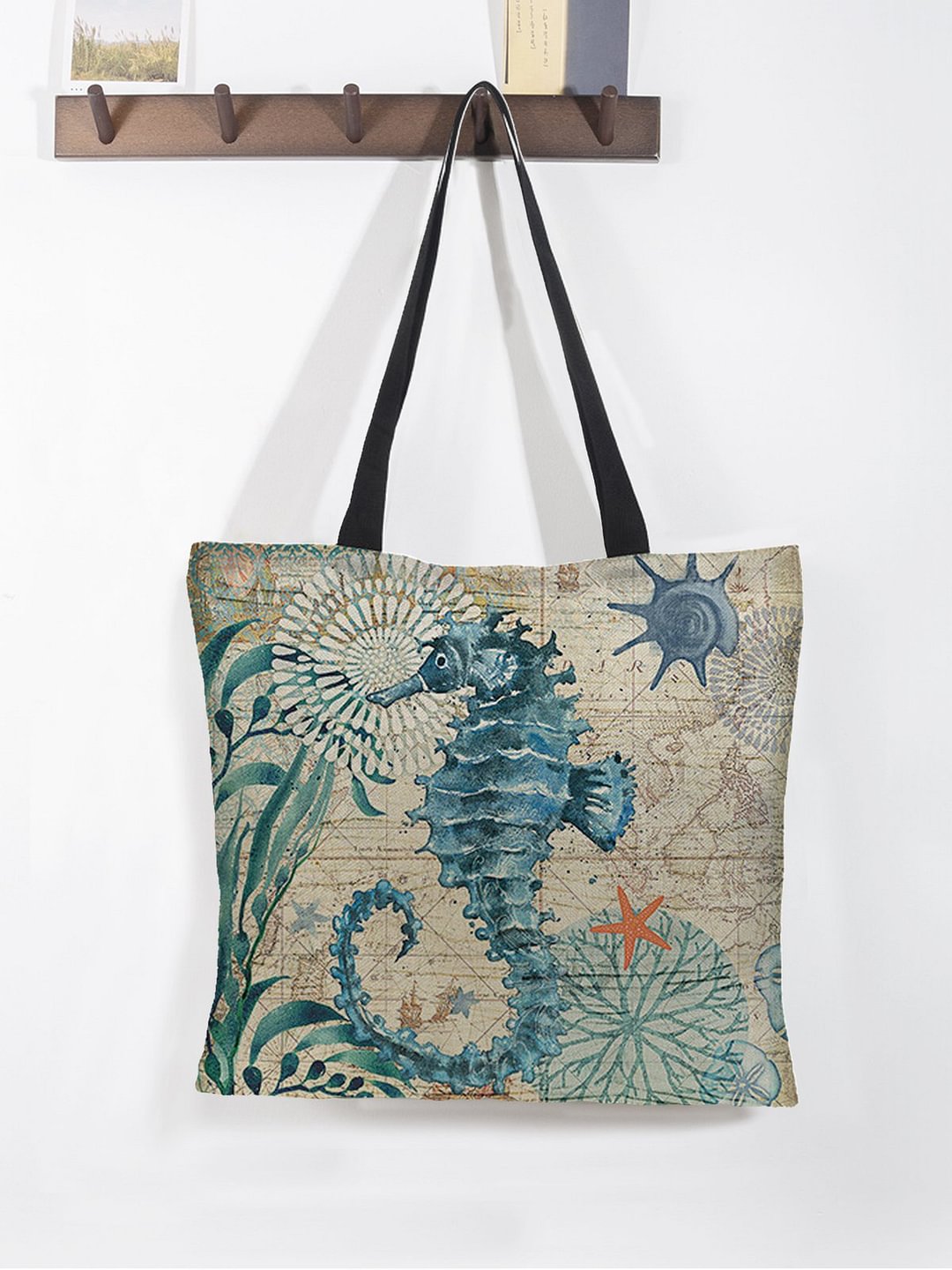 Seahorse Print Large Capacity Eco Friendly Linen Bag