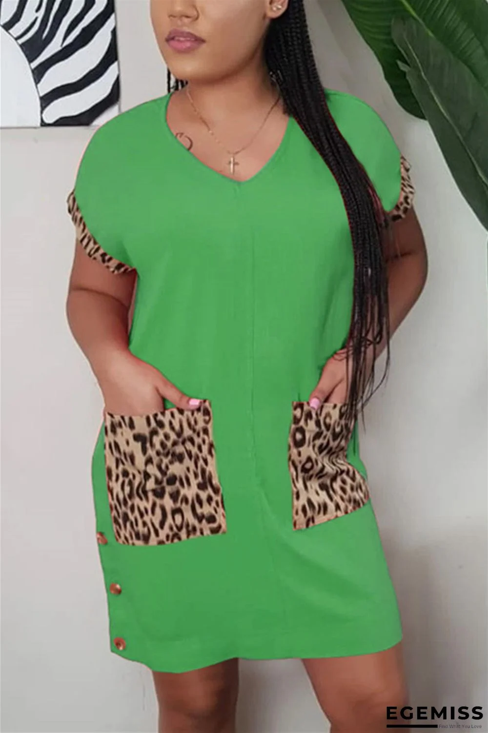 Green Fashion adult Ma'am Sweet Cap Sleeve Short Sleeves V Neck Step Skirt Knee-Length Patchwork Solid Dresses | EGEMISS
