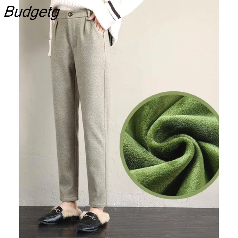 Budgetg Pants Women Plush for Warmth Trousers Elastic Waist Baggy 2022 Winter New Solid Harun Thick Woolen Lengthen Casual Pants