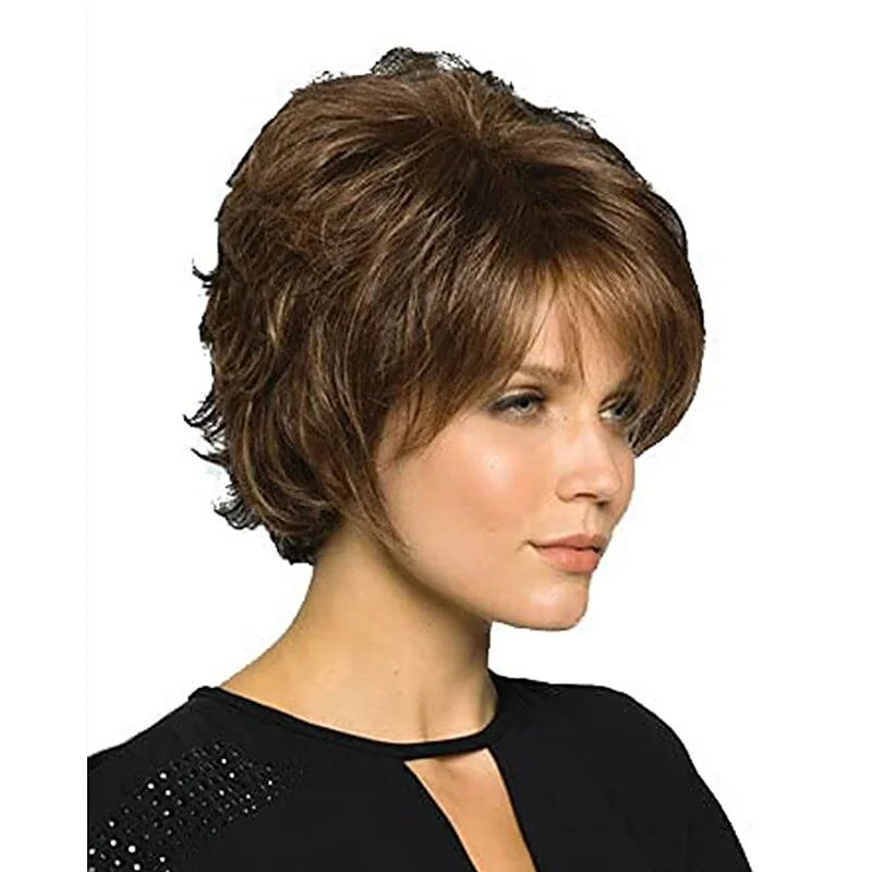 Short Brown Wig with Bangs Natural Hair Replacement Wigs for White Women Heat Resistant Fiber Synthetic Hair Wig for Fancy Dress Up Party or Daily Wear