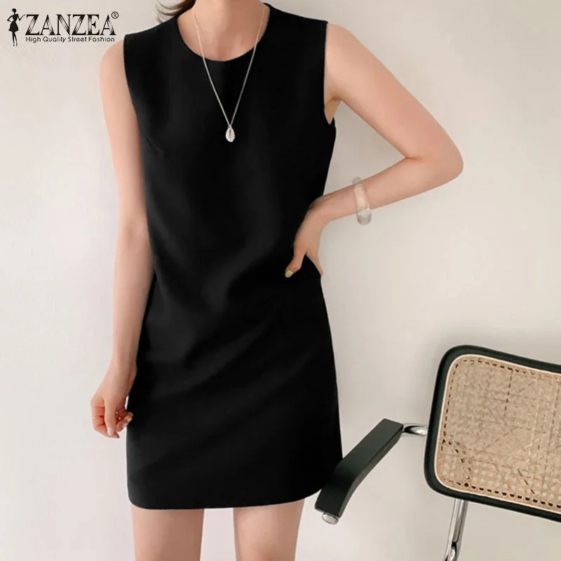 Women Solid Sundress ZANZEA Fashion Summer Dress Casual Sleeveless Tank Vestidos Female O Neck Knee Length Robe Femme Oversized