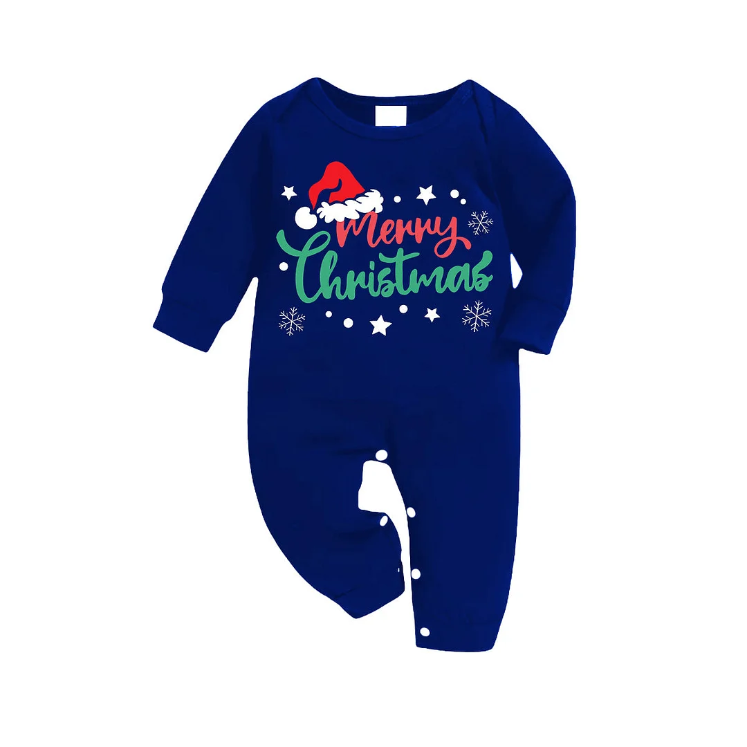 "Merry Christmas" in Snowflakes - Blue Long Sleeves with Blue&White&Black Plaid Pants Family Matching Pajamas