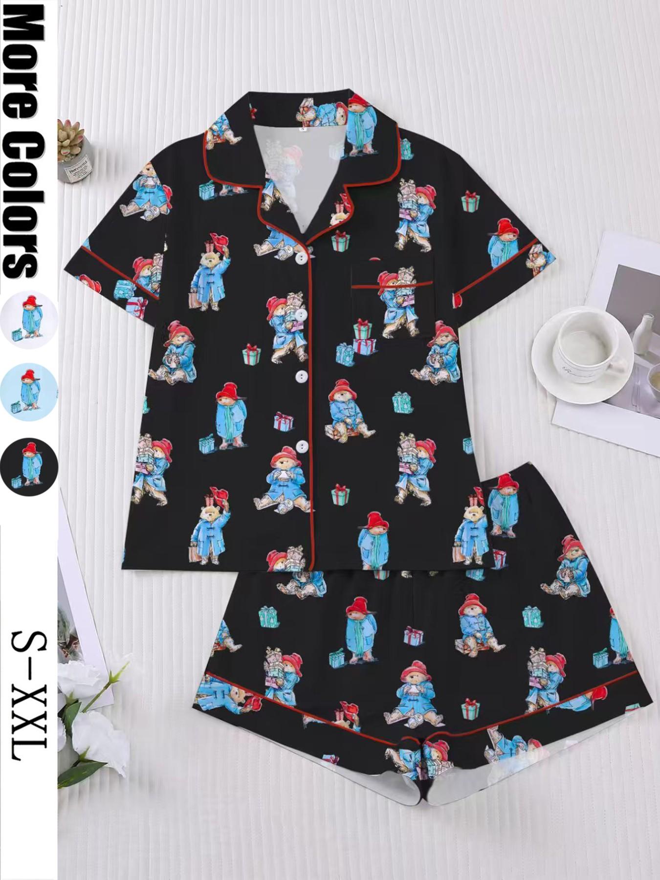 Women's Cute Bear Print Sleepwear Set, Short Sleeve Lapel Shirt & Loose Elastic Shorts, Casual All-Season Home Wear