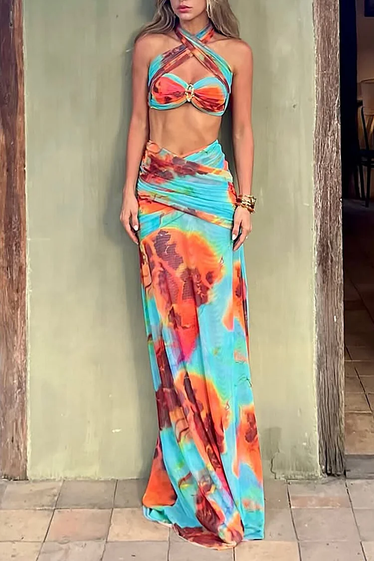 Abstract Print Halter Crop Top Side Slit Maxi Skirt 2pcs Set-Blue [Pre Order]