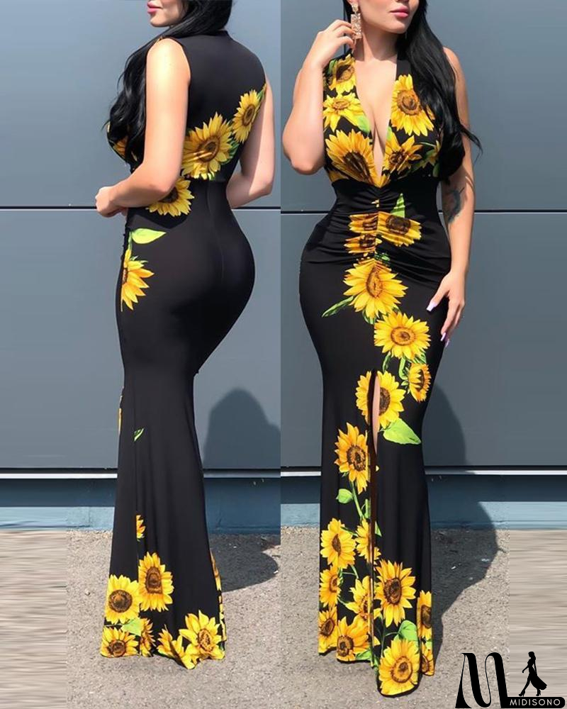 MidiSono - Elegant Women's V-Neck Printed Sleeveless Dress