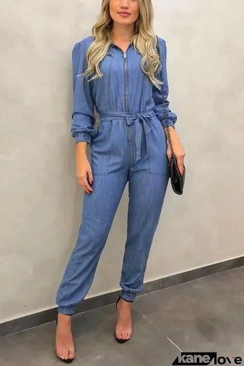 Zipper Pocket Drawstring Long Sleeve Jumpsuit