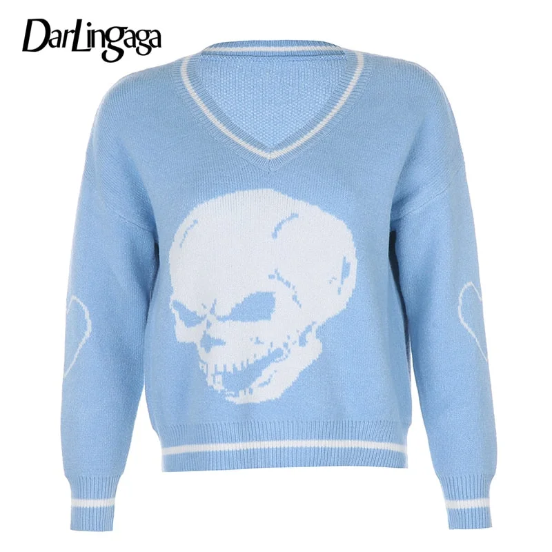 Darlingaga Harajuku Skull Print Loose Autumn Winter Sweater Women Pullovers Casual y2k Knitwear Jumpers 2020 Korean Sweaters New