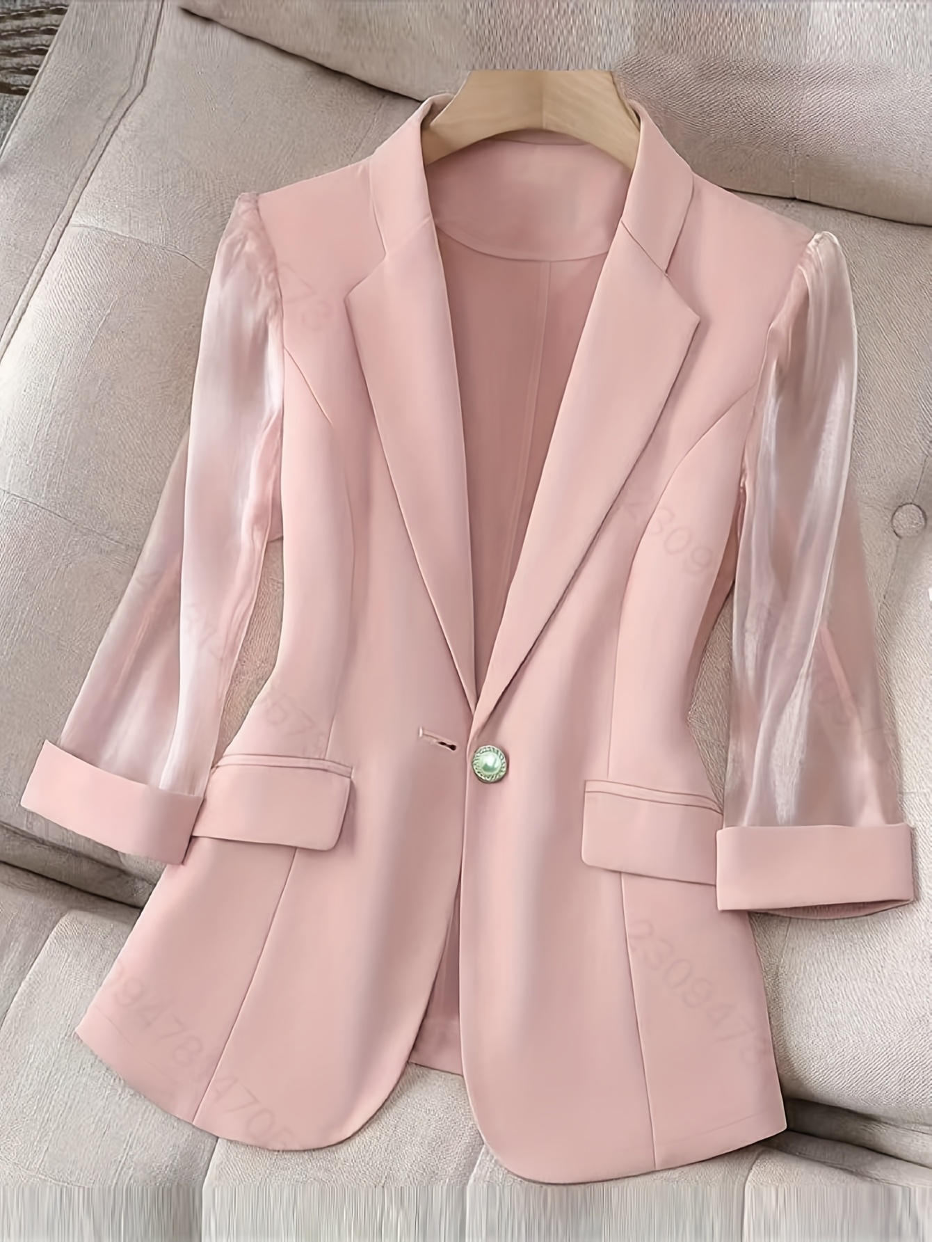 Women's Black Sheer Blazer With Three-Quarter Sleeves - Polyester, Single-Button Closure, All-Season Stylish Jacket, Formal Attire | Sleek Blazer | Polyester Blazer | IFYHOME