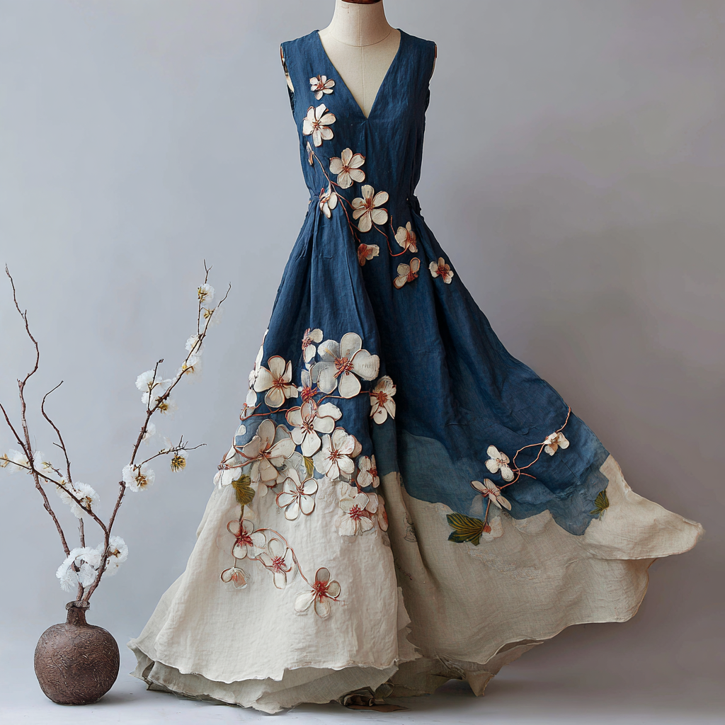 Women's Retro Japanese Sakura Art Stitching Casual Linen Sleeveless Dress