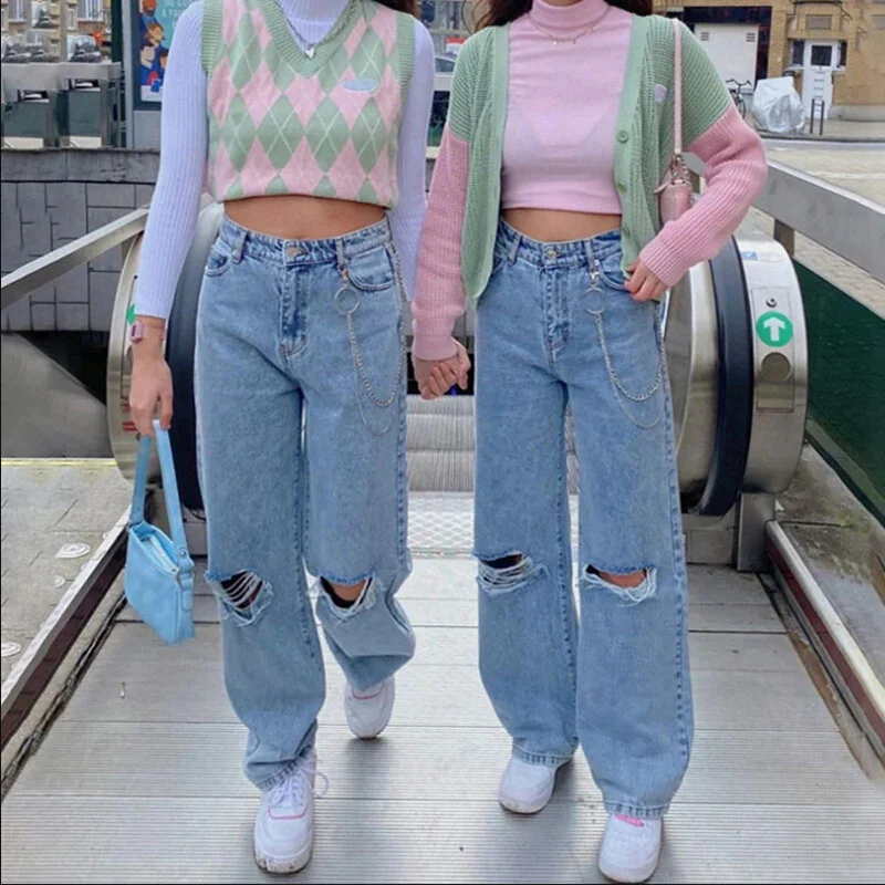   High Waist Loose Ripped Wide Leg Chain Charm Women's Jeans - Neojana