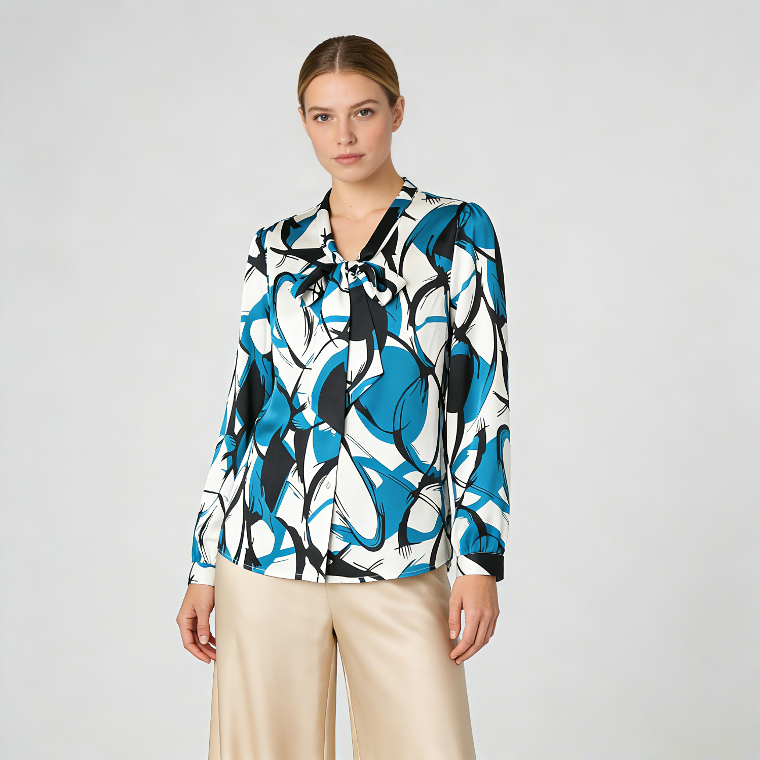 Geometric Patterns Print V-neck Silk Ribbon Blouse REAL SILK LIFE
