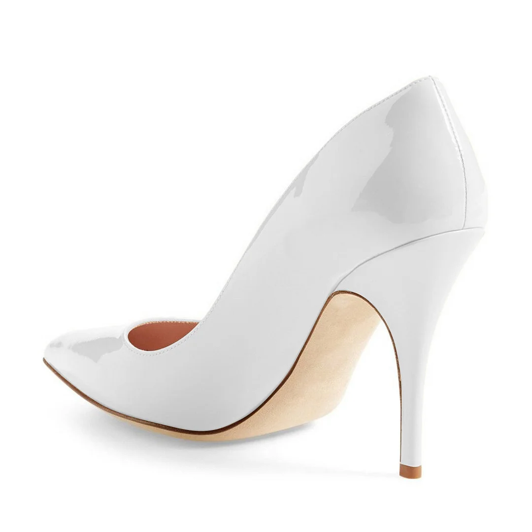 Simple Patent Leather Pointed Toe Stiletto Heel White Pumps