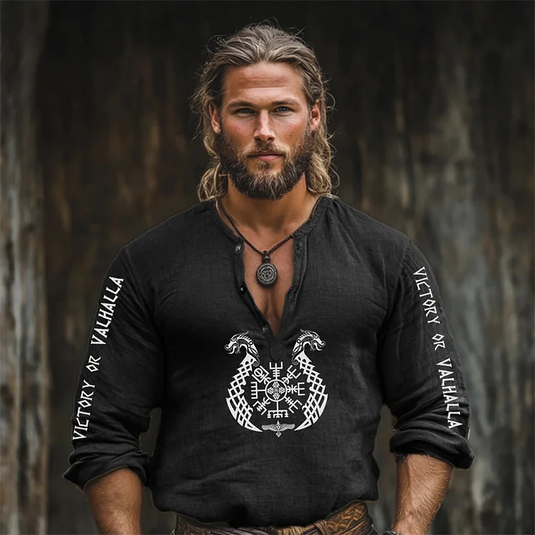 Men's Victory Or Valhalla Viking Vegvisir Linen Blend Henley Shirt