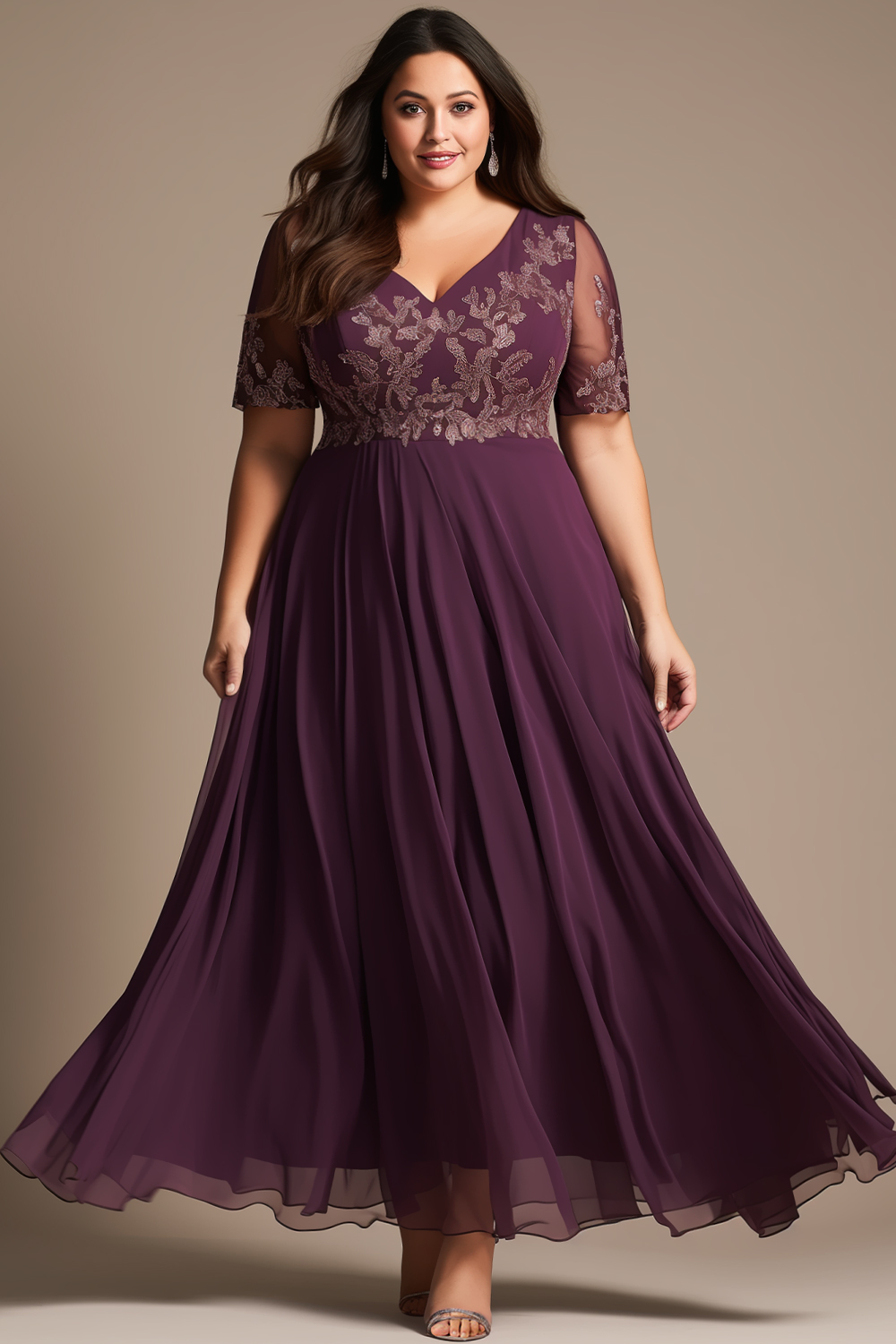 Flycurvy Plus Size Mother Of The Bride Dark Purple Chiffon Lace Short Sleeve Maxi Dress