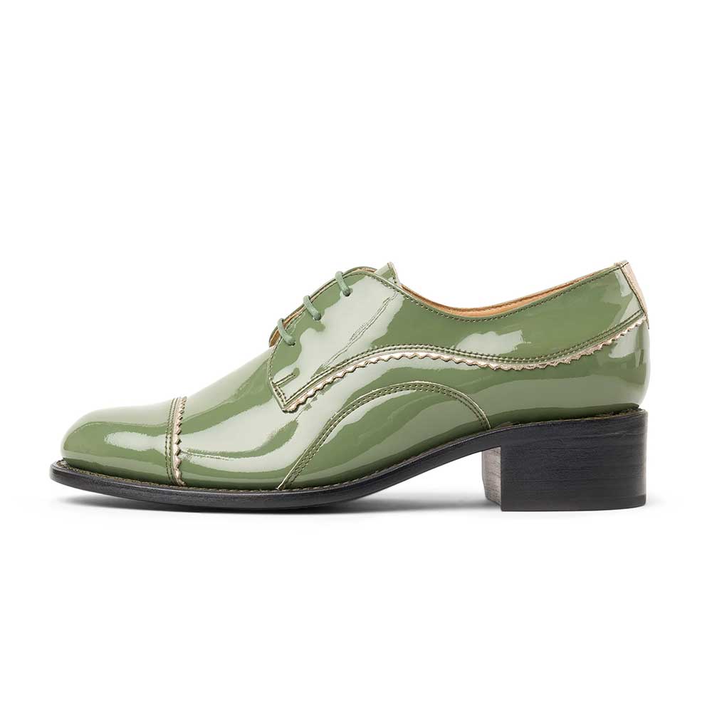 Green Patent Leather Lace-Up Round Toe Block Heel Oxford Shoes Nicepairs
