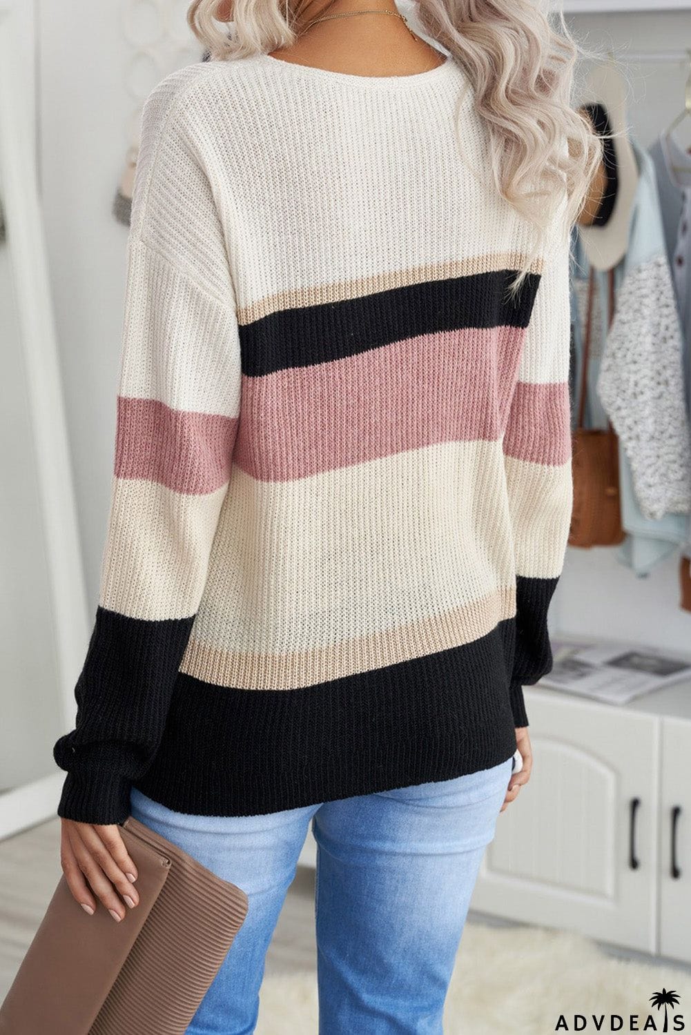 Khaki Colorblock V Neck Ribbed Knitted Sweater