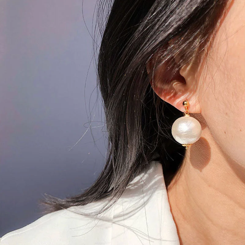 Vintage French cotton large pearl earrings | High sense of elegance pearl earrings for women | 925 silver pin