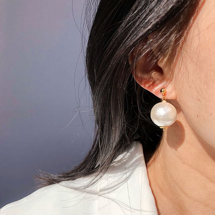 Vintage French cotton large pearl earrings | High sense of elegance pearl earrings for women | 925 silver pin