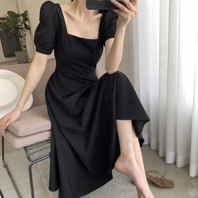 Dress Short-Sleeve Square Plain Neck Midi A-Line