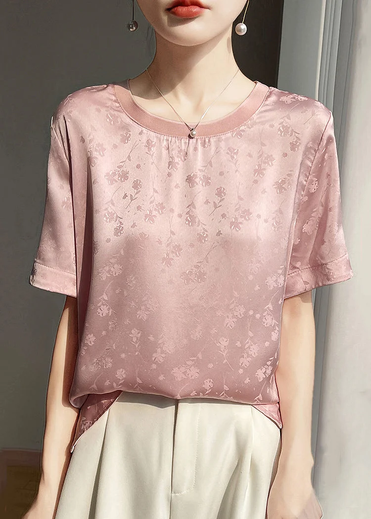 Jacquard Pink O Neck Side Open Silk T Shirt Summer