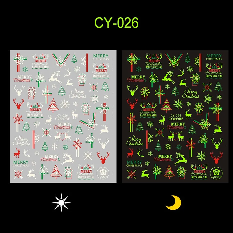 Merry Christmas Luminous SnowFlake Nail Stickers Fluorescent Xmas Winter Sliders for Nails Charms Glow in Dark Manicure Decals-Nail Inspo
