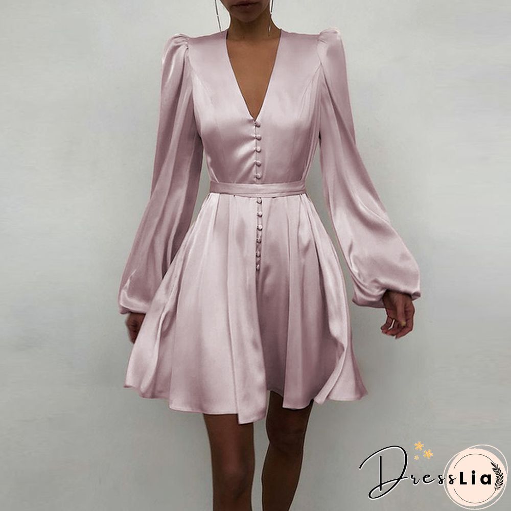 Women Solid Color Stain V Neck Puff Long Sleeve Cocktail Dress Casual Fashion Party Belted Midi Dress Plus Size Kleid