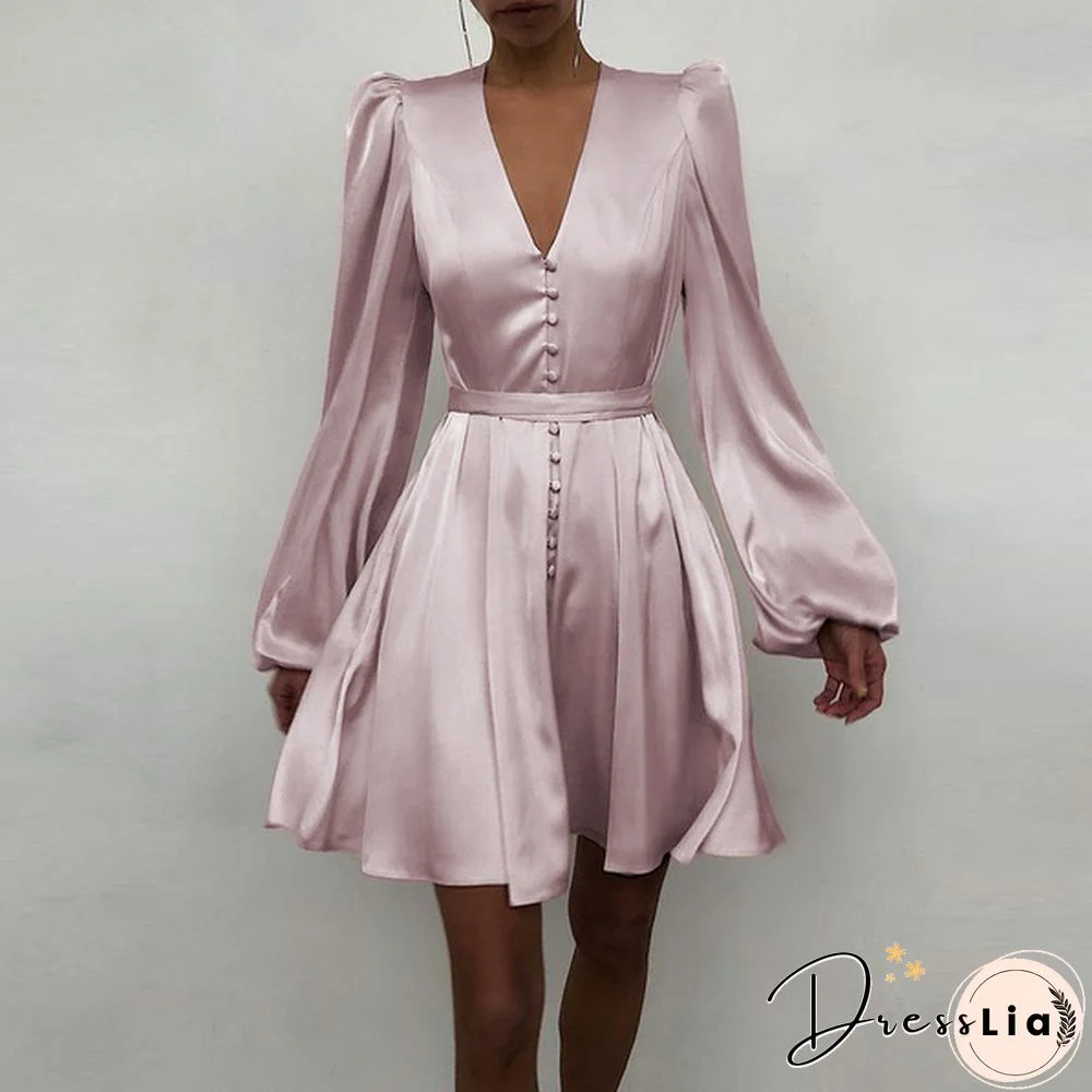 Women Solid Color Stain V Neck Puff Long Sleeve Cocktail Dress Casual Fashion Party Belted Midi Dress Plus Size Kleid
