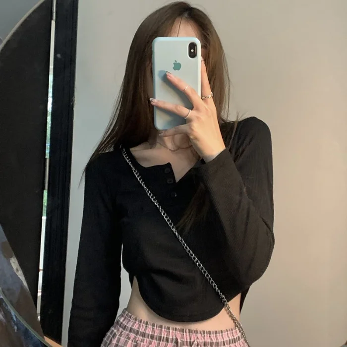 Uveng Uveng Sense Long-Sleeved T-Shirt Female 2024 Spring And Autumn New Korean Version Slim Careful Machine Bottom Shirt Short Student Jacket