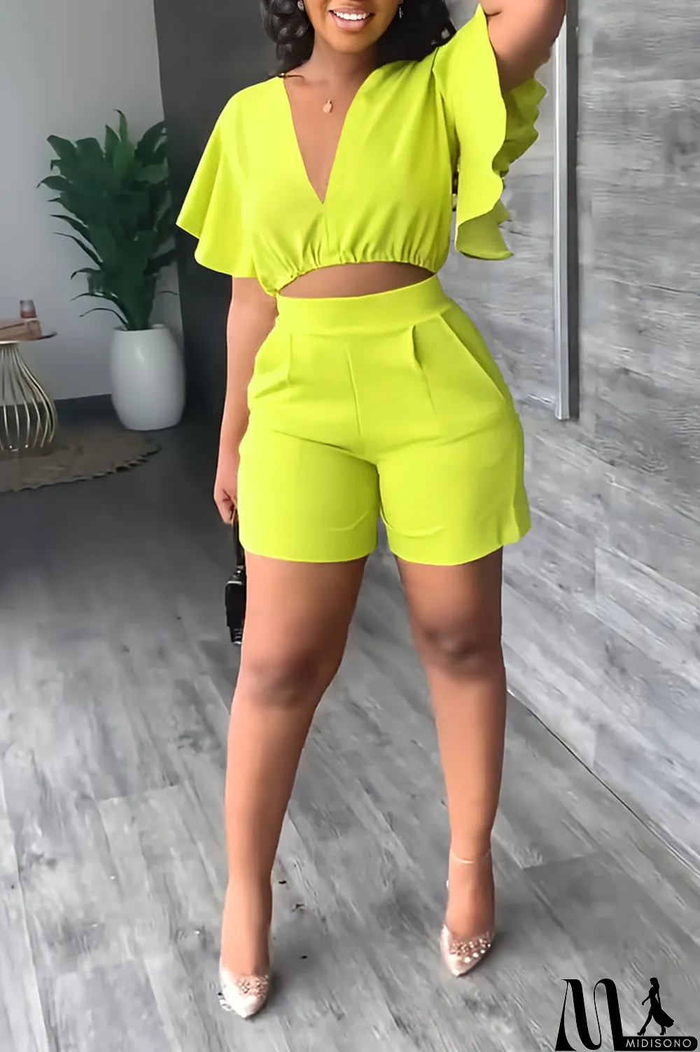 MidiSono - Yellow Casual Solid Patchwork Flounce V Neck Short Sleeve Two Pieces