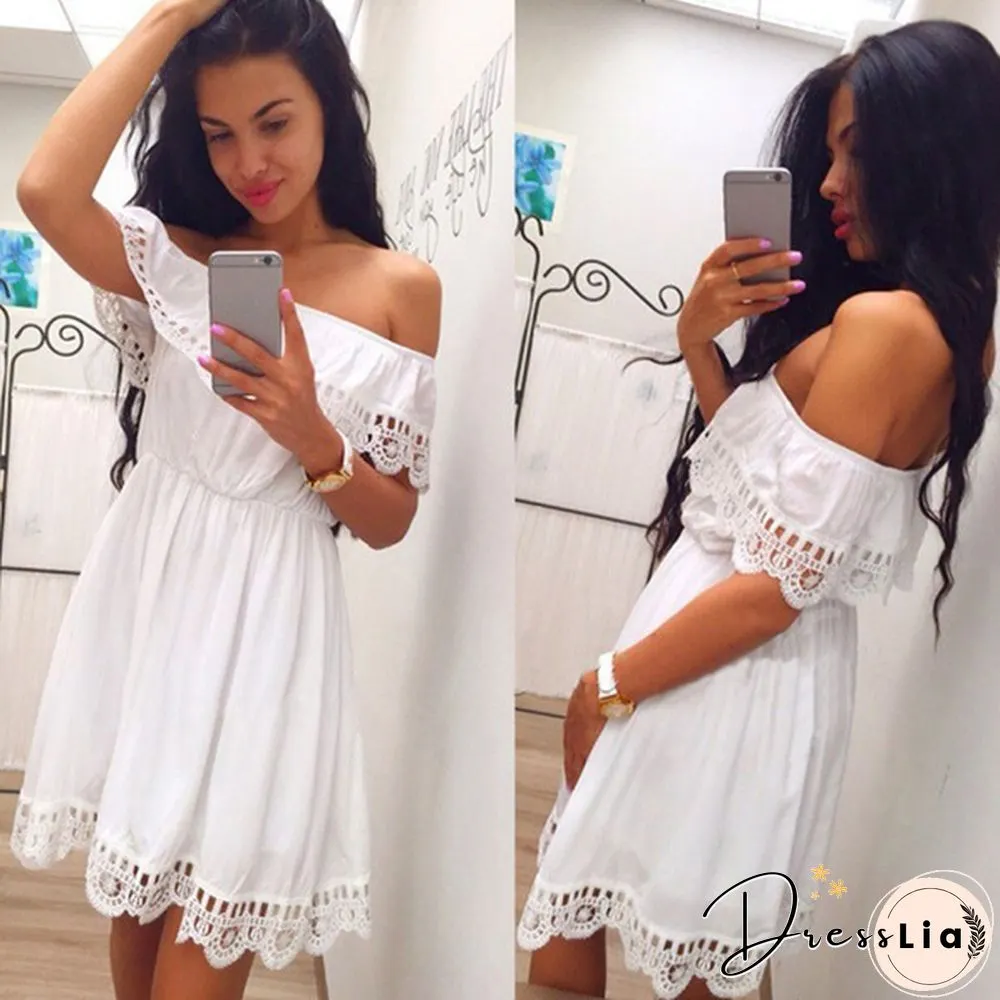 Summer Women White Lace Stitching Dress Off Shoulder Strapless Sexy Dress Neck Mini Dresses
