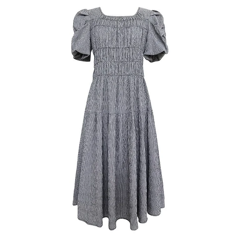 French Houndstooth Printed Pleated Square Collar Folds Puff Sleeve Dress      