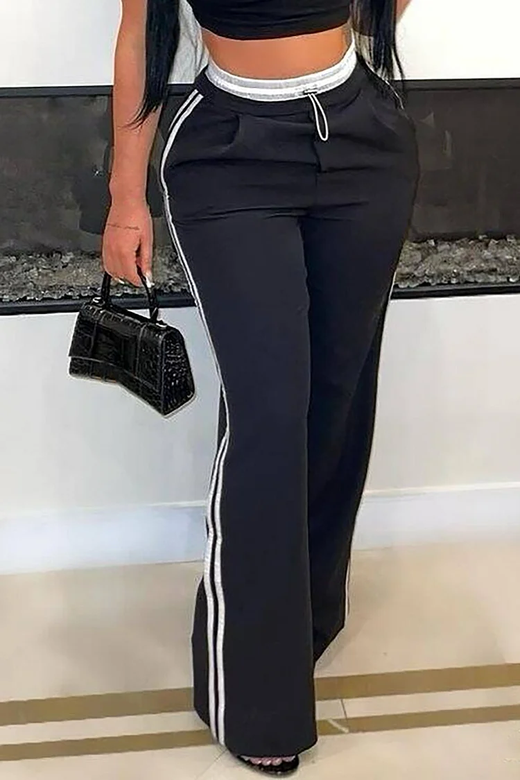 High Waist Side Striped Straight Leg Casual Pants-Black