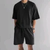 Men's Casual Loose-Fit Solid-Color Crewneck T-Shirt & Shorts Two-Piece Athletic Set by Inlyline