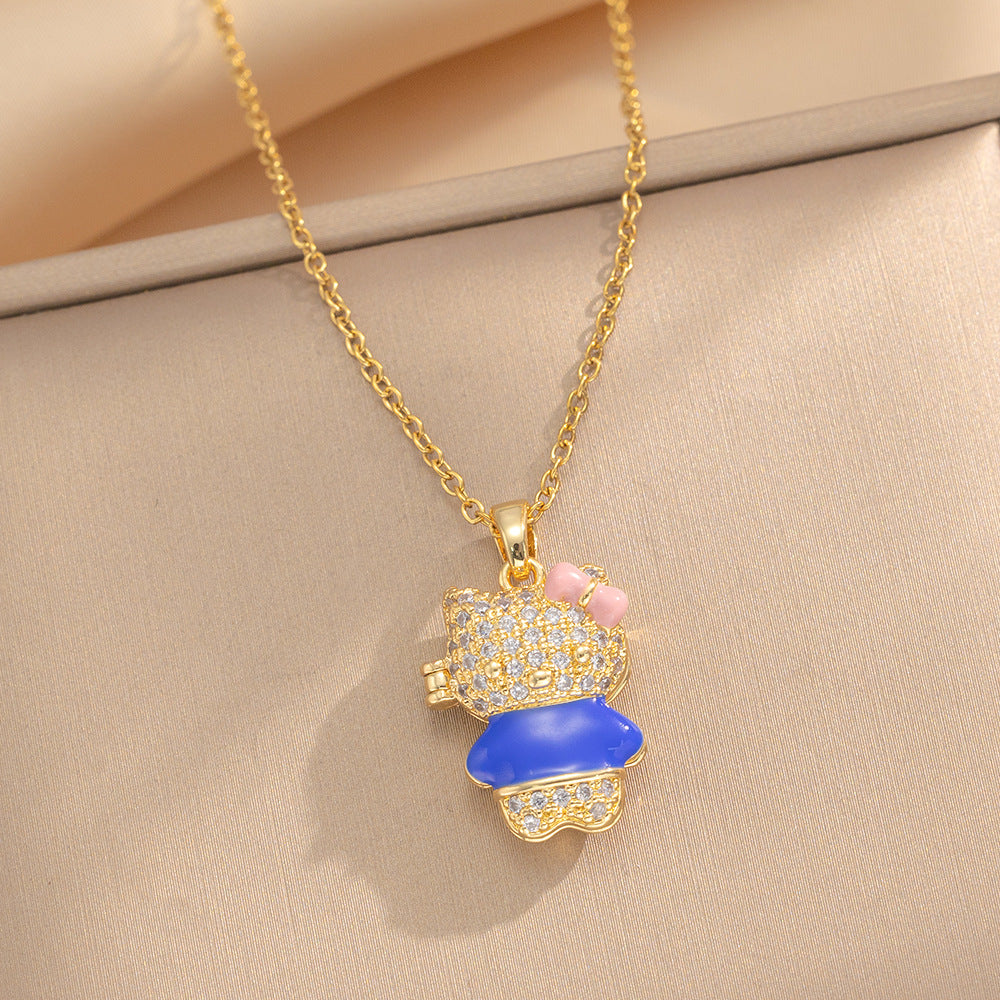 Design Kt Cat Pendant Necklace Micro Inlaid Zircon Copper Plated 18 Gold All-Match Clavicle Chain