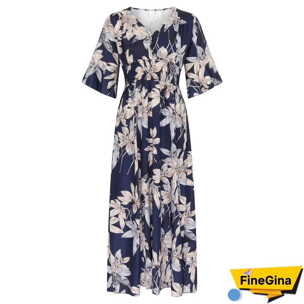 Light New V-neck Elegant Short-sleeved Printed Dress