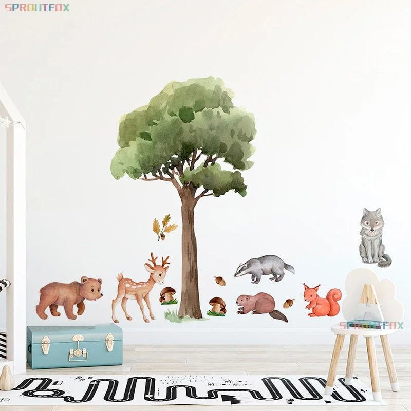 Big Green Tree Wall Sticker Forest Animals Decals Squirrel Bear Deer for Baby Room Nursery Home Decoration Cute Animal Mural PVC