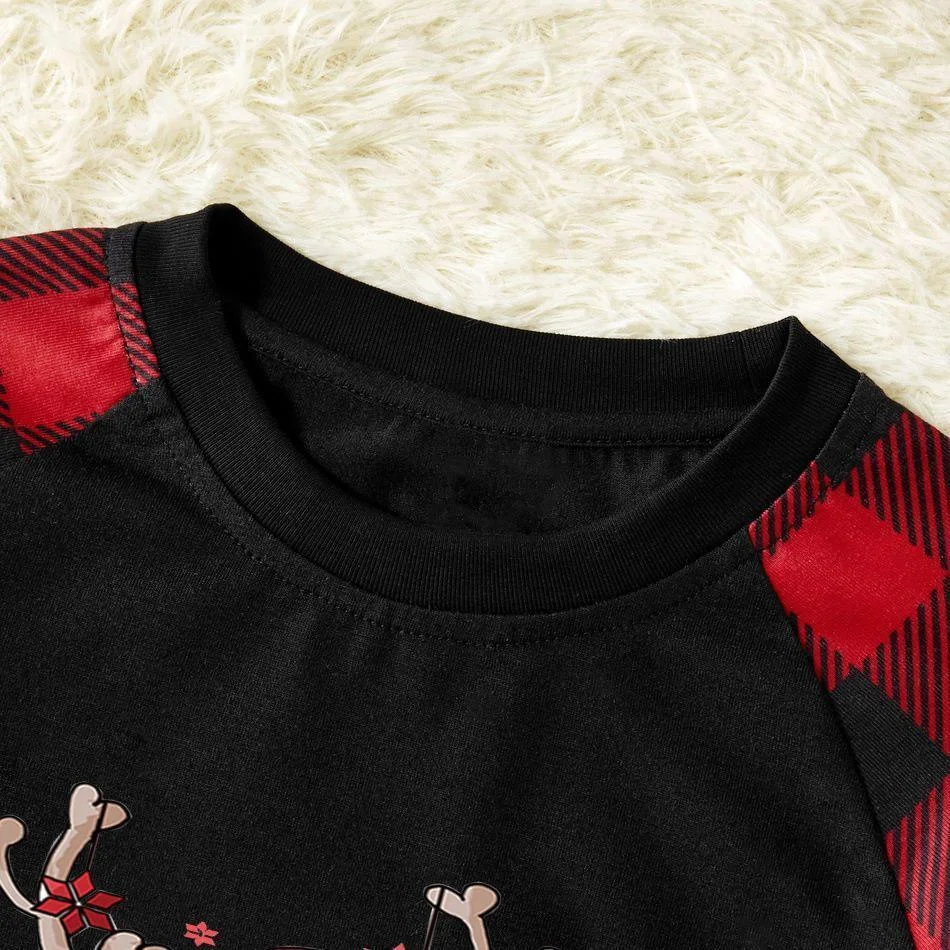 Cartoon Deer Contrast top and Plaid Pants Family Matching Pajamas Set in Black