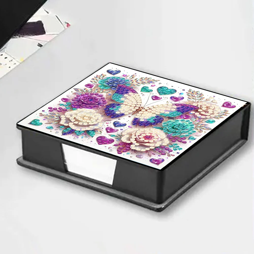 DIY Flower Butterfly Leather Diamond Art Note Box with 160 Sheets of Paper for Beginners