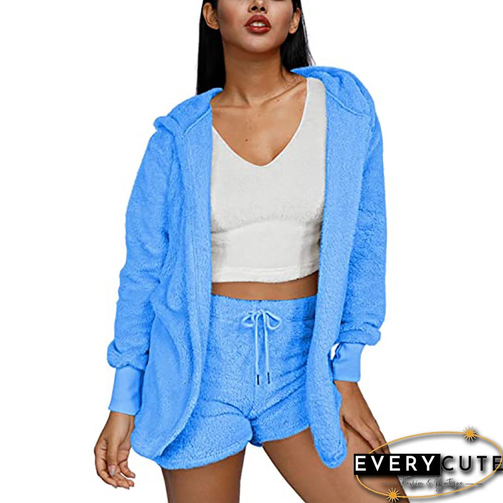 Light Blue Plush Hoodie with Shorts and White Vest 3pcs Set