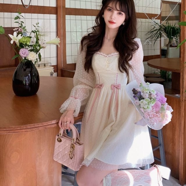 Kawaii Elegant Princess Sweet Dot Long Sleeve Vintage Fairy Dress SP16956