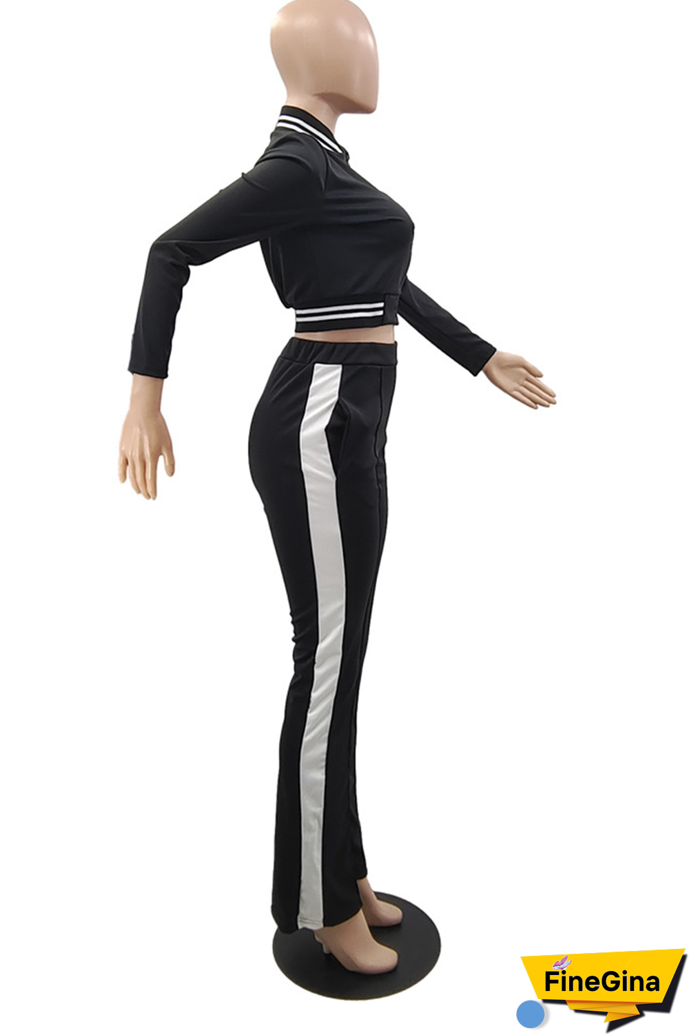 Black Street Print Patchwork Mandarin Collar Long Sleeve Two Pieces