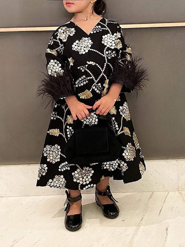 Floral Print Feather Children's Dress