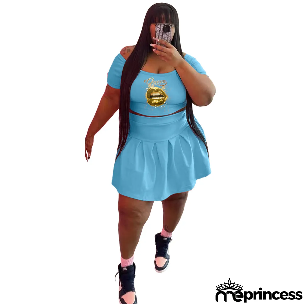 Fashion Plus Size Athleisure Pleated Skirt Two Piece Set