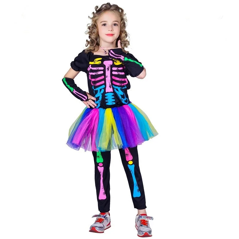 Girls Colorful Skeleton Party Dress Halloween Costume