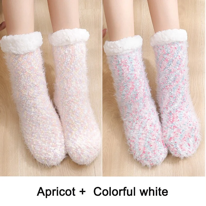 2PCS Warm Floor Socks Women Winter Socks Thick Plush Non-slip Female Sleeping Home Sox Christmas Gifts Harajuku Design for Girls