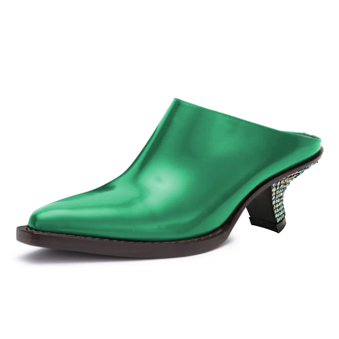Green Decorative Heel Pointed Toe Mules Shoes with Rhinestones