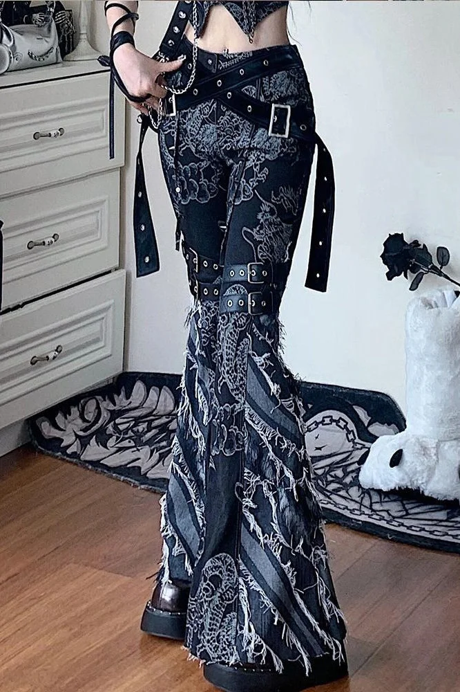 Retro Dragon Patchwork Flared Floor-Length Denim Pants