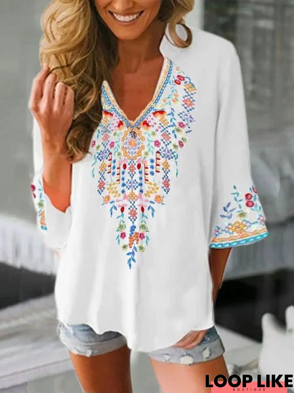 V Neck Vintage 3/4 Sleeve Tunic Top