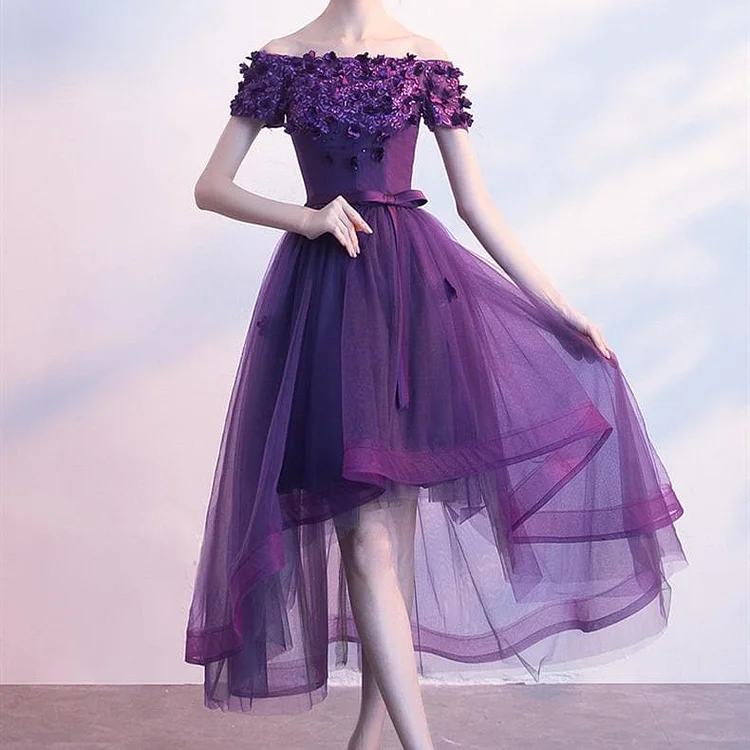 Purple Tull Boat Neck Party Dress SP14742