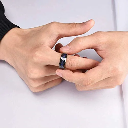 Black With Rose Gold Watch Gear Resin Inlay Design Over Blue Carbon Fiber Tungsten Rings For 6MM 8MM